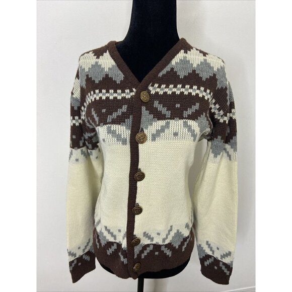 Vintage White Ram Men M Wool Ski Nordic Fair Isle Cardigan Wool Sweater Ramtuk